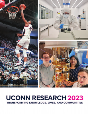 Collage showing a basketball player dunking, a researcher in a cleanroom, and a team with scientific equipment, with text reading “UConn Research 2023.”