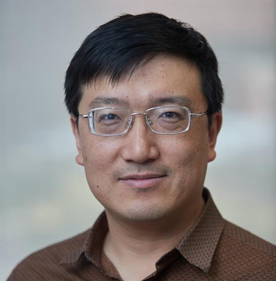 Professional headshot of a man with short black hair and glasses, facing the camera with a neutral expression. He is wearing a brown collared shirt. The background is softly blurred in light neutral tones.